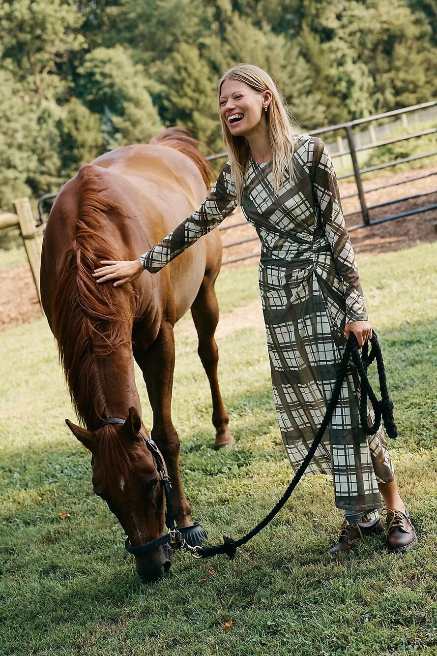 New By Anthropologie Long-Sleeve Ruched Mesh Midi Dress $168 X-LARGE Brown